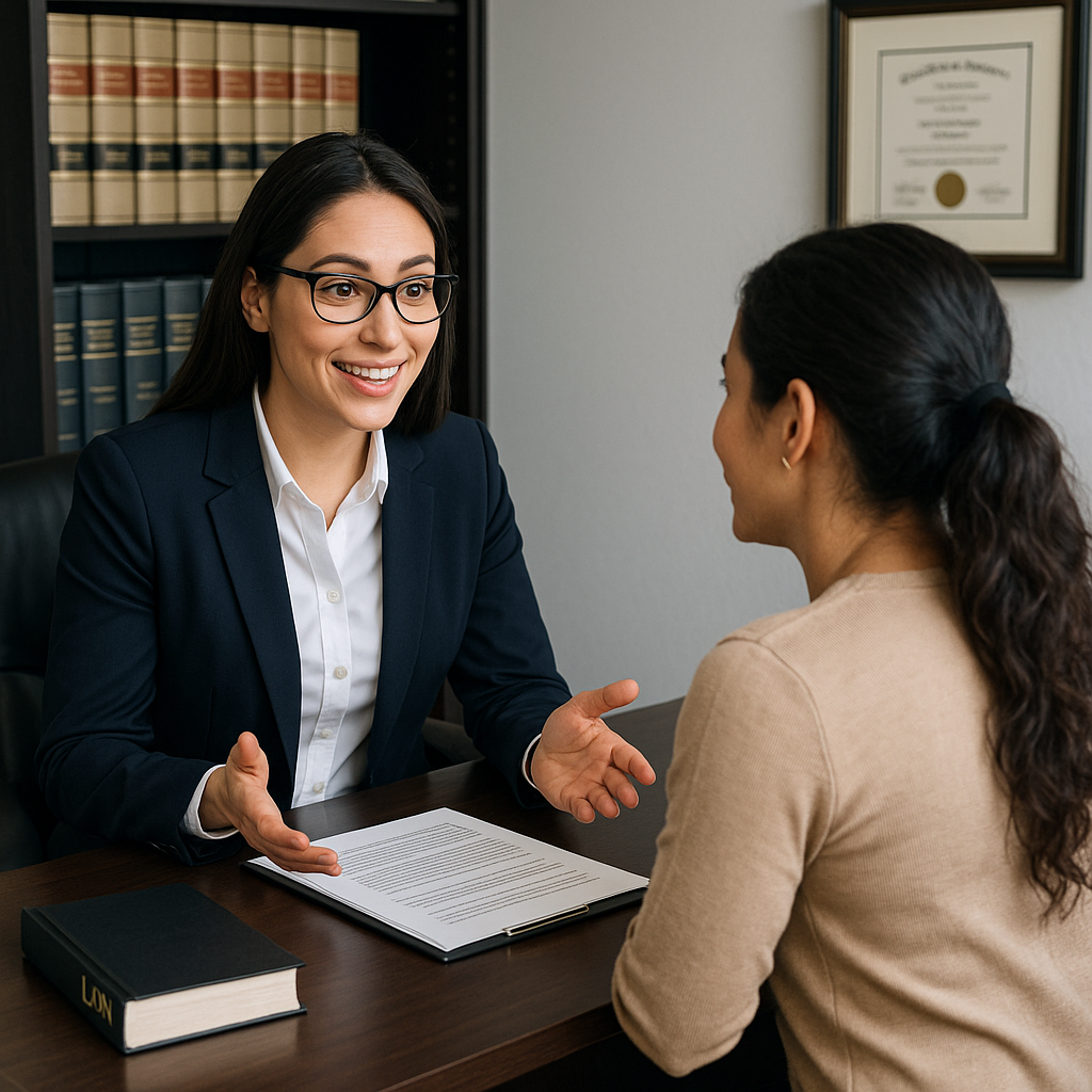 Una abogada bilingüe conversando con empatía y pro